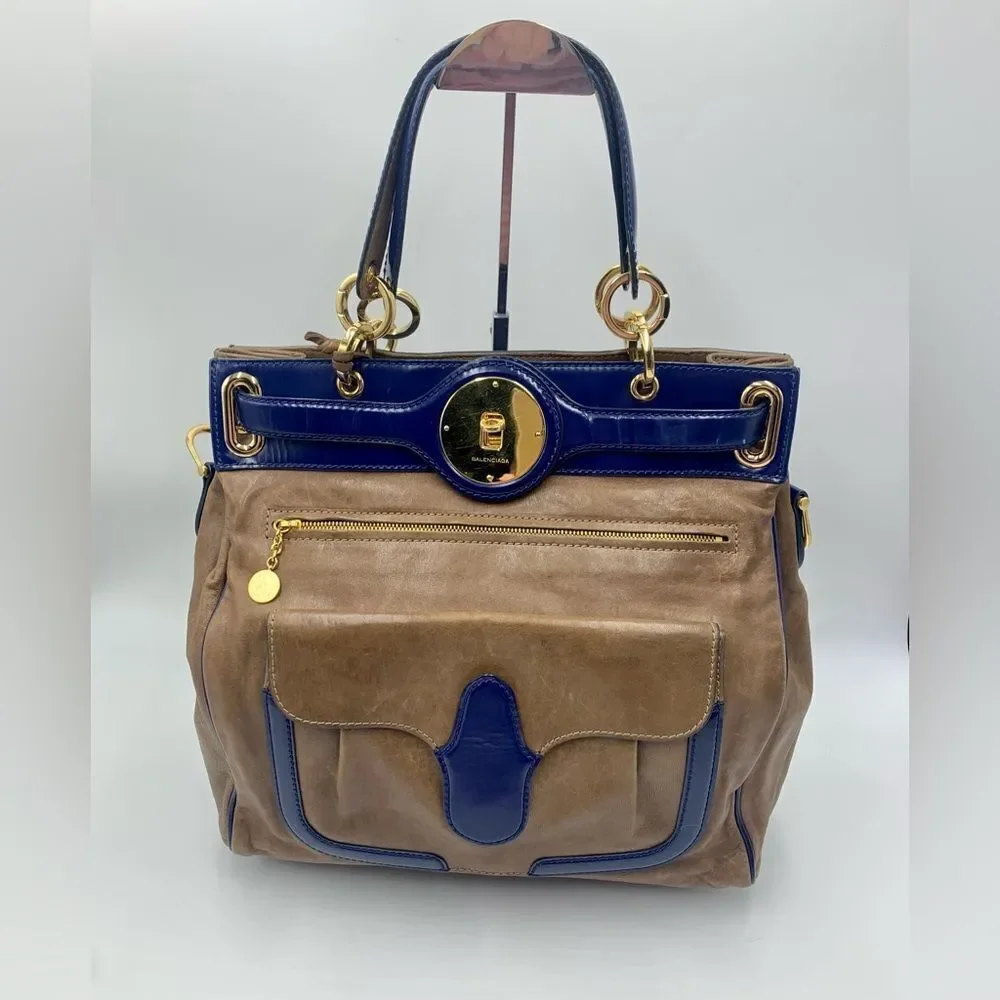 Auth Balenciaga Smooth Brown Leather Navy Patent Top Handle Moon Bag Preloved